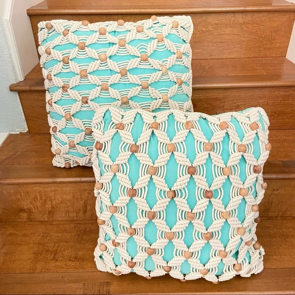 Set of 2 Teal Turquoise Rope and Wooden Beads Pillows.